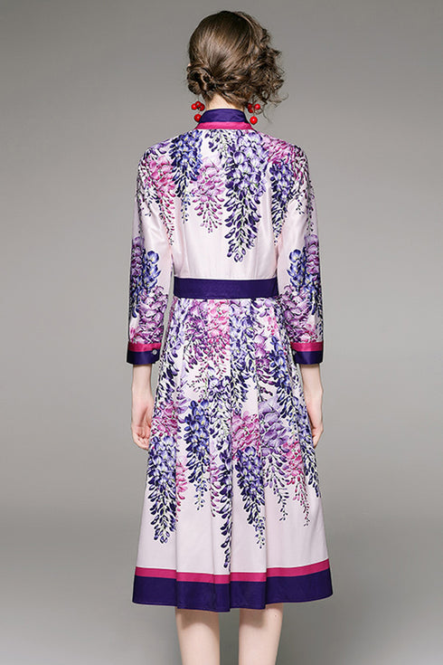 Enthralling Runway Fashion Floral Print, Collared, Elegant A-Line Vintage Party, Festive Women's Midi Dress